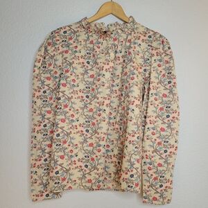 HOUSE OF HARLOW Ruffle Mock Neck Puff Longsleeve 100%Cotton Beige Floral Blouse